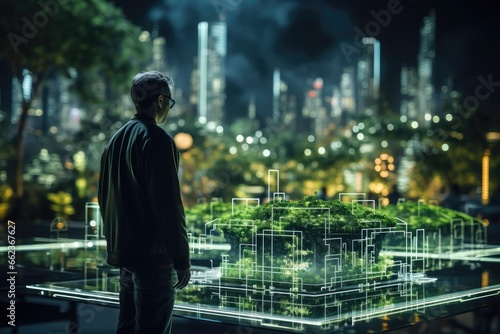 Digital Twin Tech - Engineer against a matrix-green backdrop mirroring a virtual replica of a city - The mirrored reality - AI Generated