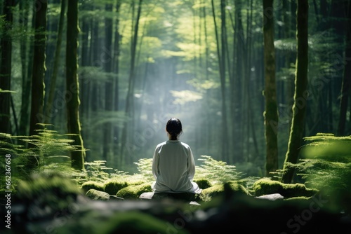 Forest Bathing - Individual immersing in a dense forest environment - Japanese Shinrin - Yoku therapy - AI Generated