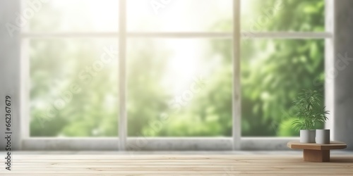 A photo of a white window with a background of blurry leaves can be used as a place for presentations and promotions for your products. generative AI