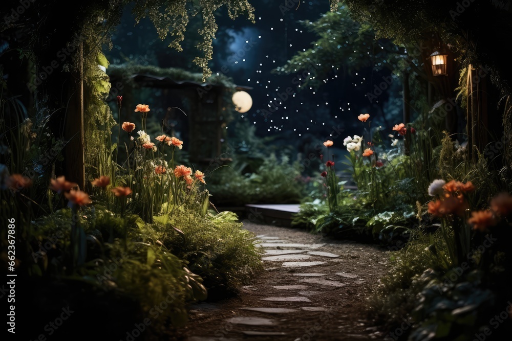 Moon Gardening - Night shot of a garden with plants that bloom under moonlight - Lunar horticulture - AI Generated