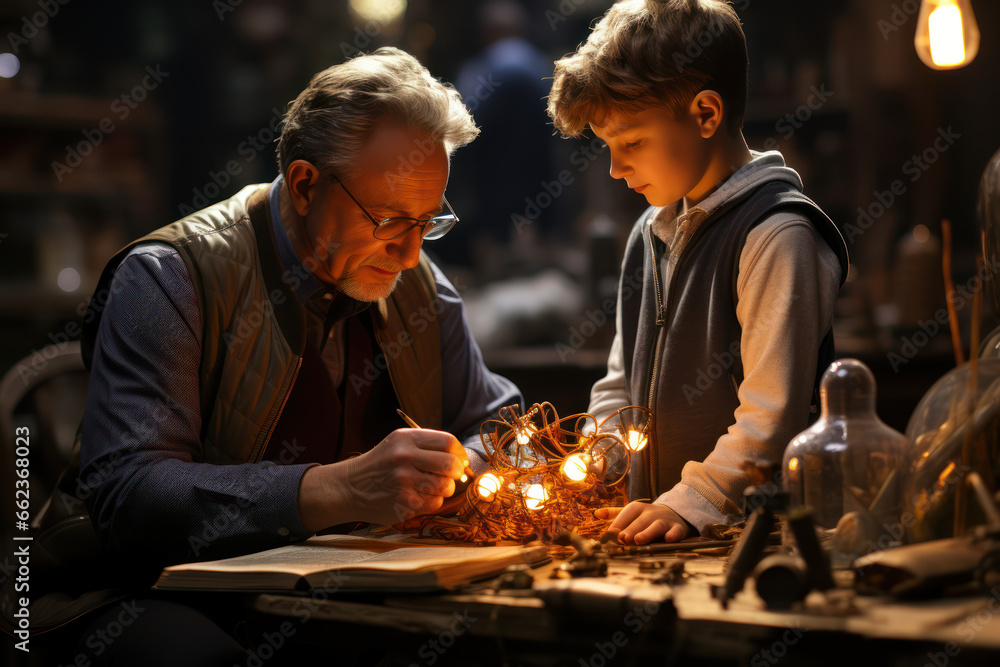 A mentor guiding a protege, passing down knowledge and expertise through generations. Concept of mentorship. Generative Ai. A mentor guiding a protege, passing down knowledge and expertise through generations. Concept of mentorship. Generative Ai.