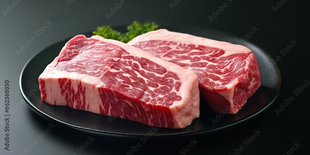 Fresh raw beef slices on a black mat. Fresh raw Prime Black Angus beef steak of the best quality. Generative AI Fresh raw beef slices on a black mat. Fresh raw Prime Black Angus beef steak of the best quality. Generative AI