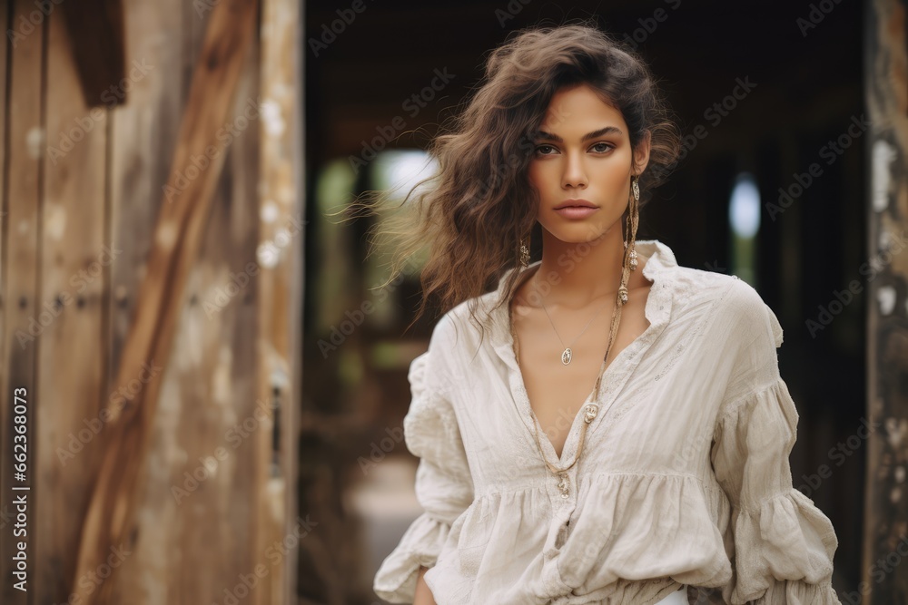 Upcycled Fashion - Model against a rustic backdrop wearing clothes made from recycled materials - Sustainable style statement - AI Generated Upcycled Fashion - Model against a rustic backdrop wearing clothes made from recycled materials - Sustainable style statement - AI Generated