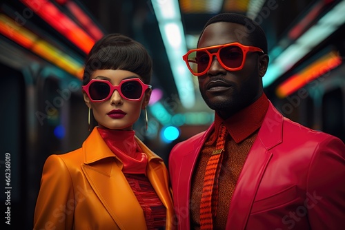 Retro Futurism - Individuals in 80s attire against a tech-inspired neon backdrop - Nostalgic view of the future - AI Generated