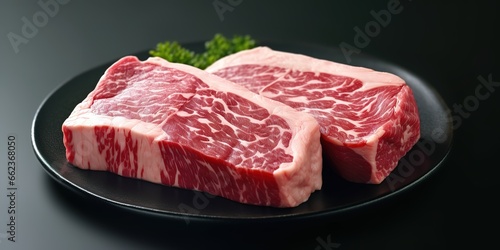 Fresh raw beef slices on a black mat. Fresh raw Prime Black Angus beef steak of the best quality. Generative AI