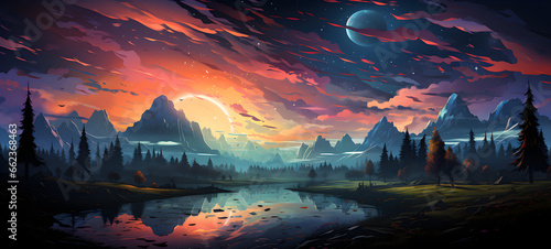 3d render, abstract neon background with glowing laser ring, crystals under the starry night sky and reflection in the water. Fantasy cosmic landscape. 