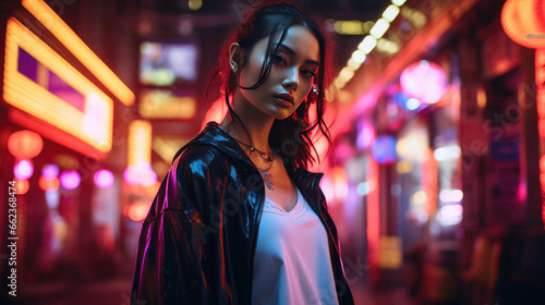Asian woman in neon city