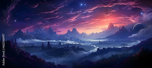 3d render, abstract neon background with glowing laser ring, crystals under the starry night sky and reflection in the water. Fantasy cosmic landscape. 