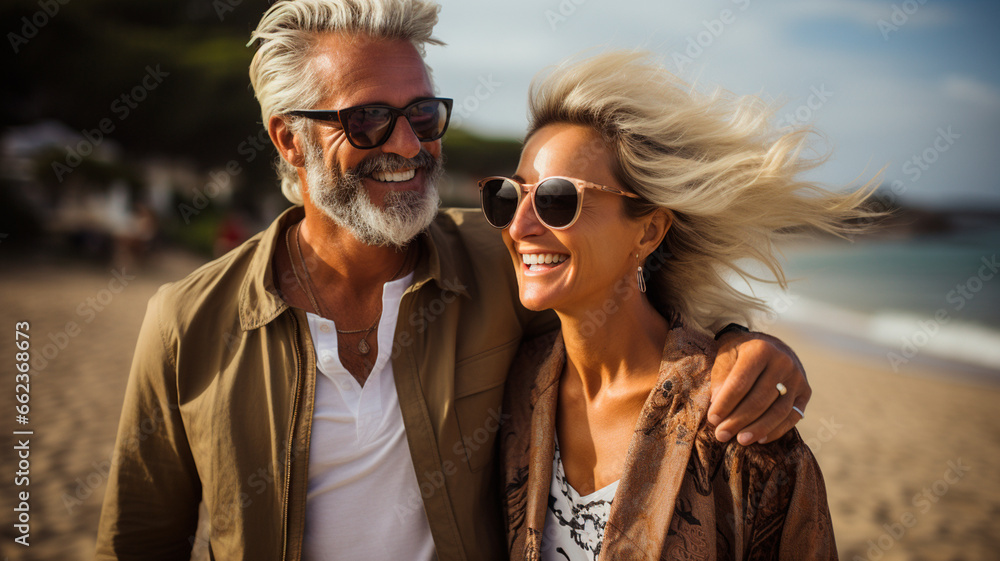 mature couple in love walking and smiling on beach at sunset. summer vacation and travel concept mature couple in love walking and smiling on beach at sunset. summer vacation and travel concept