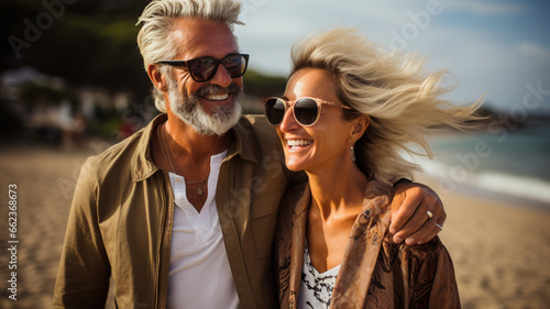 mature couple in love walking and smiling on beach at sunset. summer vacation and travel concept