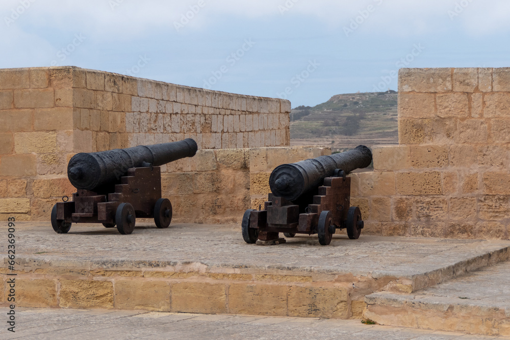 Gozo, Malta, May 3, 2023. View of the Victoria Citadel with cannons on the ramparts