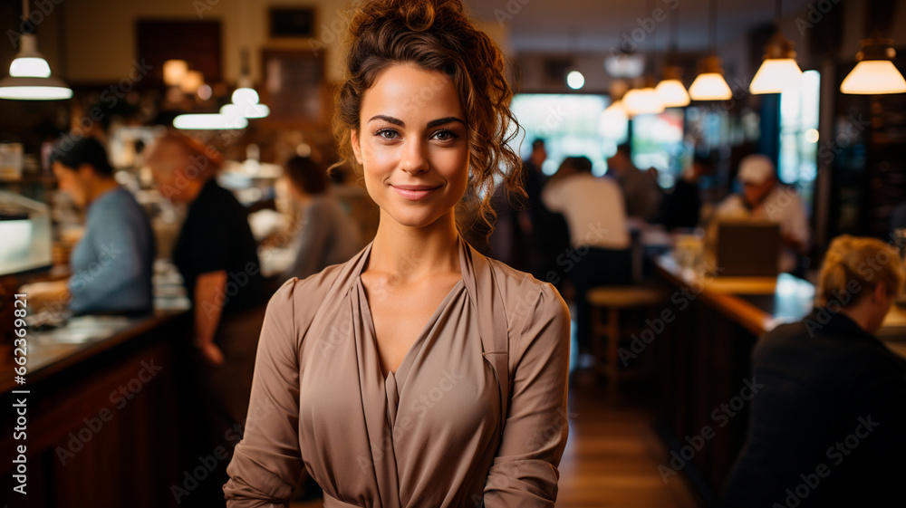 young woman in cafe with a cup of cocktail