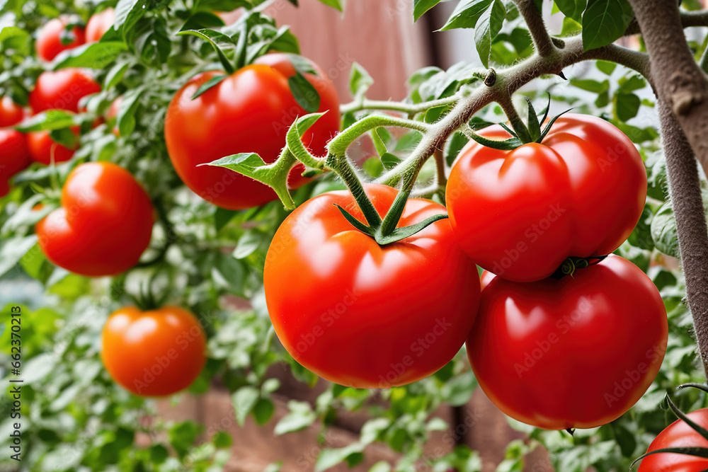 Ripe tomato plant growing in greenhouse. Generative ai.