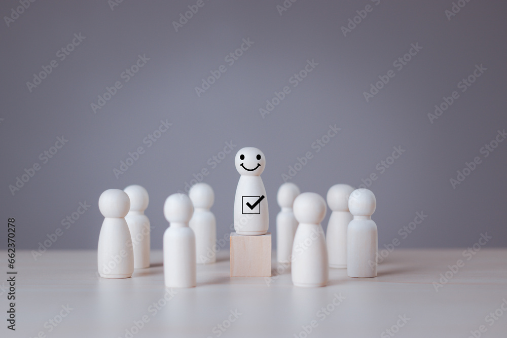 Leadership, Human resource, Talent management, Recruitment employee, Successful business team leader concept. Good leaders lead to business success. Wooden figure. Wooden peg dolls. wooden doll.