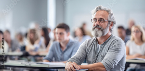 a bearded older man in casual clothes and glasses at a lecture or seminar at a university, adult education concept. photo