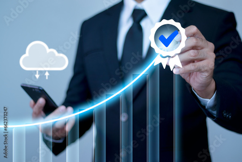 Businessman pointing at graphs and charts Analyze financial data Business growth leads to ultimate success and rewards. Forex Trading, Technology Trader, Stock Market and Digital Assets