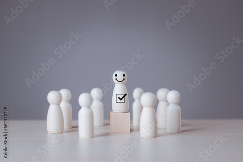Leadership, Human resource, Talent management, Recruitment employee, Successful business team leader concept. Good leaders lead to business success. Wooden figure. Wooden peg dolls. wooden doll.