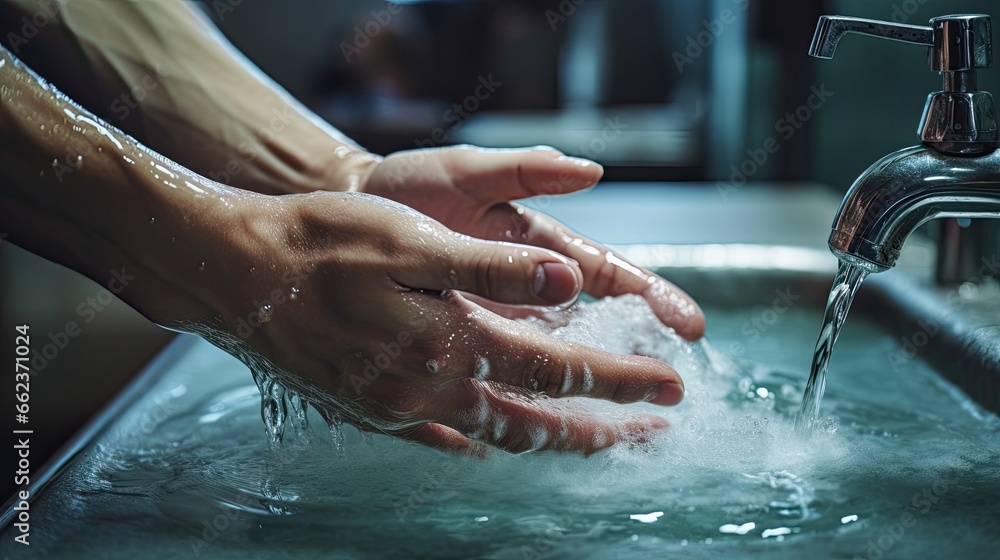 A close-up image of hands lathering up with plenty of soap at a sink. A close-up image of hands lathering up with plenty of soap at a sink.