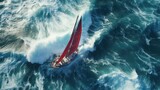 Aerial view of a sailboat struggling against a stormy sea.