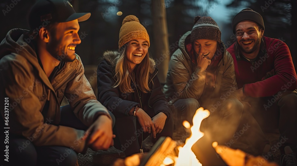 Image of a group of millennials around a campfire at night.