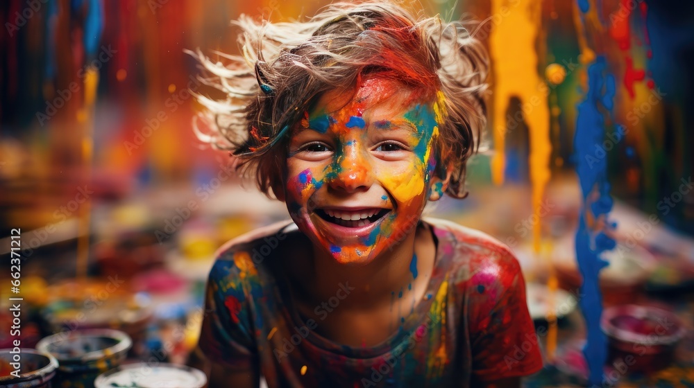 Image of a little boy with colorful paint on his hands, happily painting imaginative designs on his face. Image of a little boy with colorful paint on his hands, happily painting imaginative designs on his face.