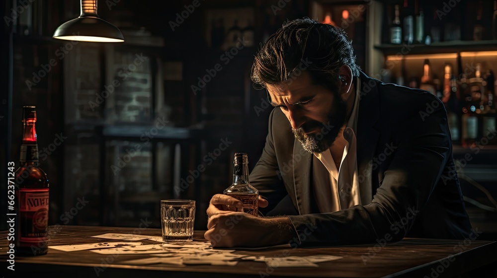 Image of a man sitting at a dimly lit desk with an alcoholic drink in hand. Image of a man sitting at a dimly lit desk with an alcoholic drink in hand.