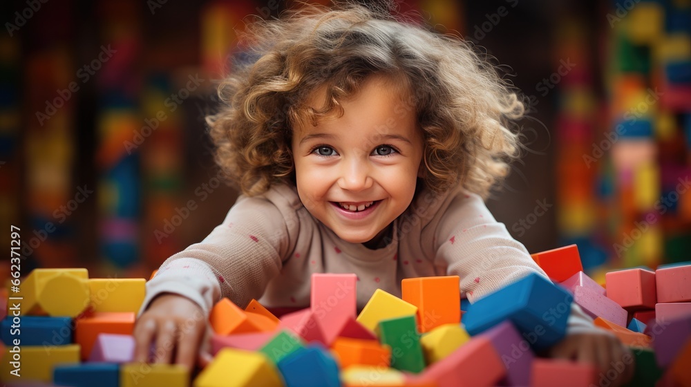 Image of a toddler playing with vibrant, wooden block toys. Image of a toddler playing with vibrant, wooden block toys.