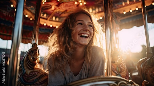 Image of a happy girl enjoying a colorful carousel ride.