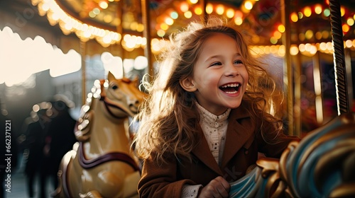 Image of a happy girl enjoying a colorful carousel ride. © kept