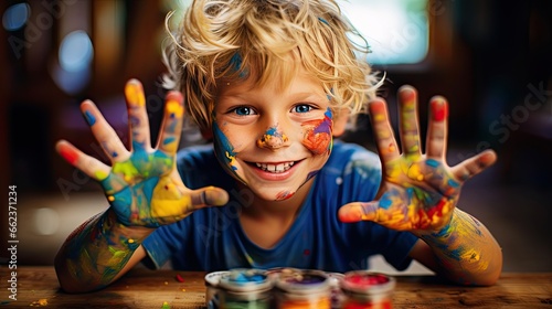 Image of a little boy with colorful paint on his hands  happily painting imaginative designs on his face.