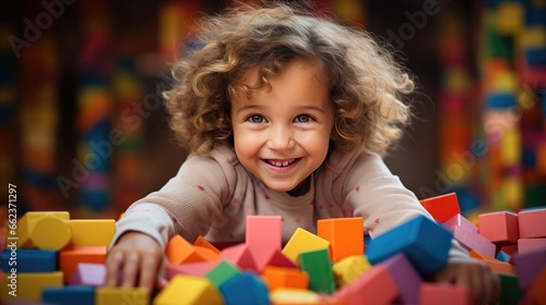 Image of a toddler playing with vibrant, wooden block toys.