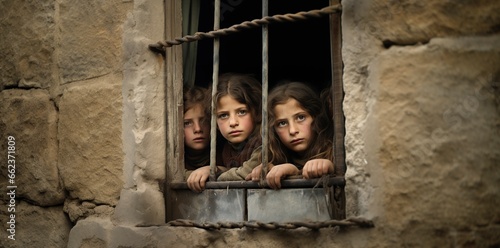 group of refugee children in a war zone