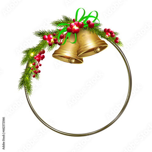 Isolated round wreath with golden bells,Christmas illustration.