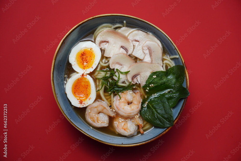 ramen with shrimp and egg, asian food, soup ramen with shrimp and egg, asian food, soup