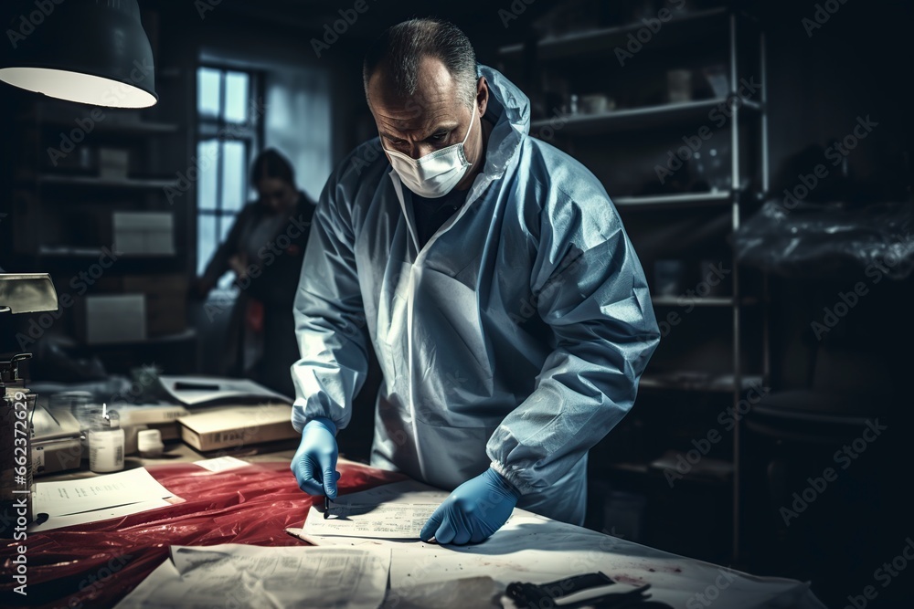doctor examines wearing uniform doing his forensic work