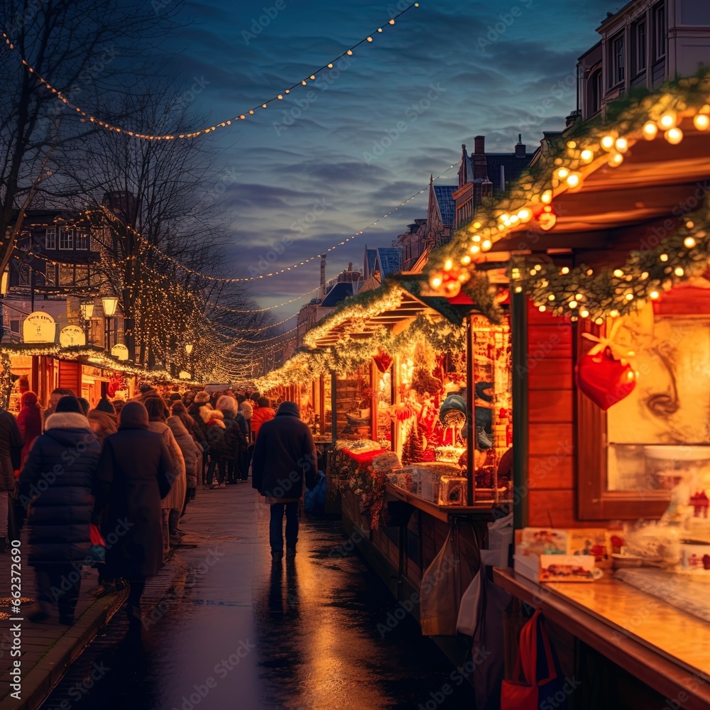 christmas market with christmas decorations, during the night