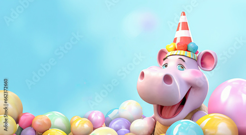 Happy baby hippo wearing party cone hat on blue background with pastel balloons and copy space, birthday concept, copy space 