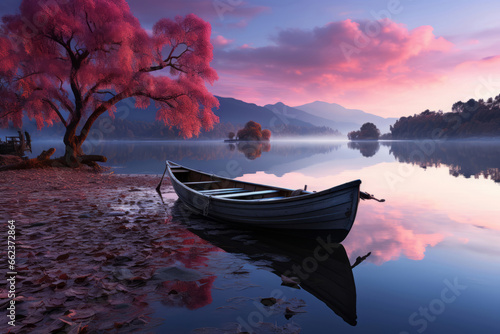 Tranquil Sunrise over Calm Lake and Forest. Tranquil lake at dawn, with forest and reflection. (ID: 662372864)