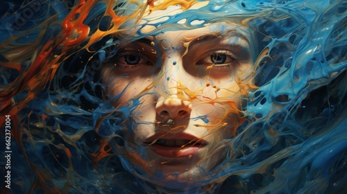 Concept image and close up face portrait of a beautiful young woman with silent calm expression and paint splattering over his face, Generative AI.