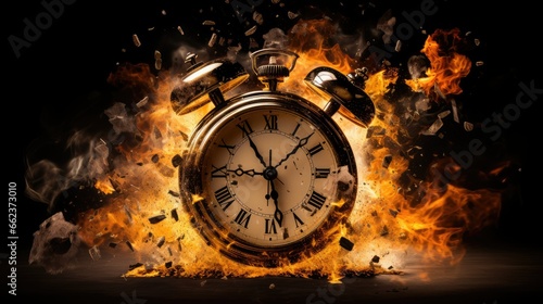 dramatic exlpoding ticking alarm clock in fiery flame with black background. Generative AI