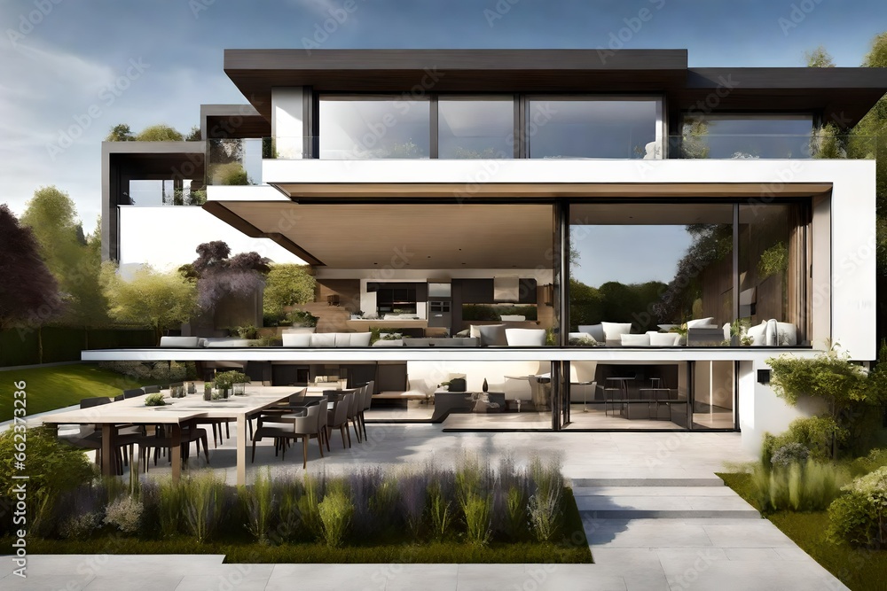 View of luxurious modern house exterior with dining space and garden View of luxurious modern house exterior with dining space and garden