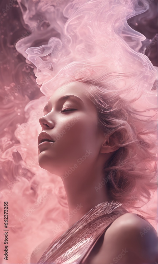 young woman in pink dress young woman in pink dress young woman with creative smoke