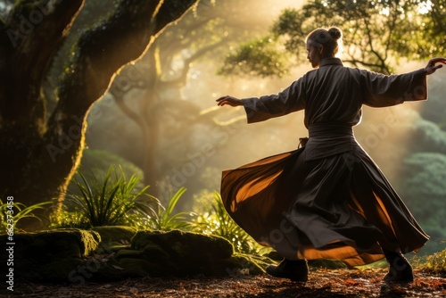 A serene scene of a person practicing tai chi in a tranquil botanical garden, with graceful movements and a sense of inner peace, illustrating the connection between holistic health and nature
