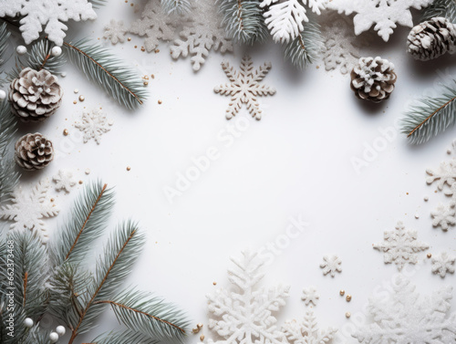 Christmas composition. Frame made of fir tree branches, decorations on pastel gray background. Christmas, winter, new year concept. Flat lay, top view, copy space