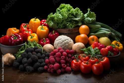 An artistic composition of fresh fruits and vegetables arranged in a vibrant display, symbolizing the nutritional benefits and colorful variety of a balanced diet for good health