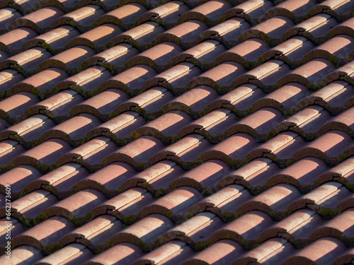 Terracotta tiled roof in the early morning sunshine. Construction and reconstruction background.