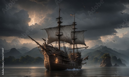 a boat sailing in a beautiful sunset illustration arta boat sailing in a beautiful sunset illustration art dark ship with sails on the sea photo