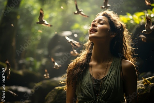 An immersive view of a person practicing deep breathing exercises in a tranquil forest, surrounded by towering trees and singing birds, emphasizing the rejuvenating effects of nature on mental and phy