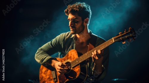 Musician with guitars singing at concert © cherezoff