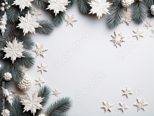 Christmas composition. Frame made of fir tree branches, decorations on pastel gray background. Christmas, winter, new year concept. Flat lay, top view, copy space